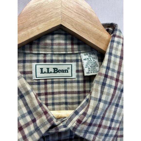 LL Bean Men’s XL Tall Plaid Flannel Button Down Shirt Y2K Beige Cotton Blend - Picture 6 of 7